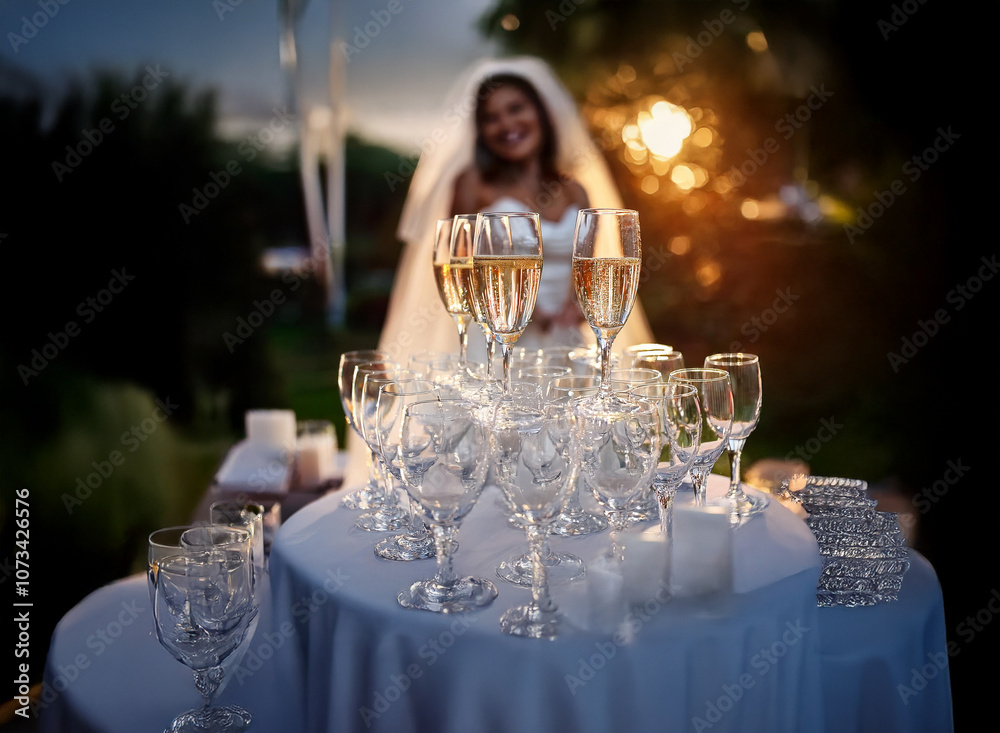 Poster A bride stands in the background smiling as champagne glasses are arranged on a table in front of her, ready to be served.