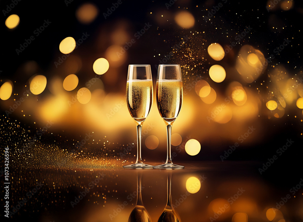 Poster Two champagne flutes filled with bubbly are set against a shimmering backdrop of out-of-focus lights.
