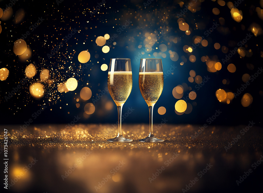 Poster two champagne flutes filled with sparkling wine sit on a golden surface against a dark background wi