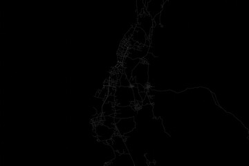 Stylized map of the streets of Moroni (Comores) made with white lines on black background. Top view. 3d render, illustration