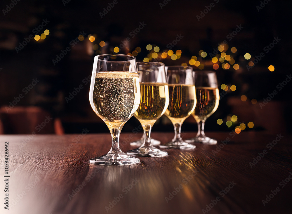 Poster four glasses of sparkling wine on a wooden table with warm lights in the background.