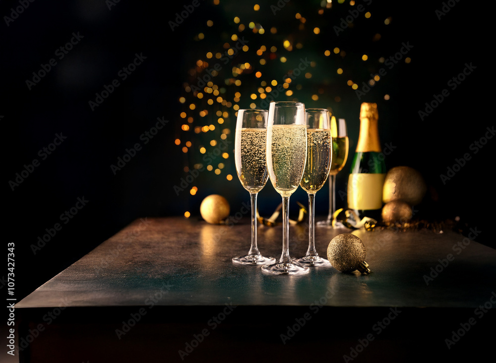 Poster four champagne flutes filled with sparkling wine sit on a dark table with a bottle of champagne, gol