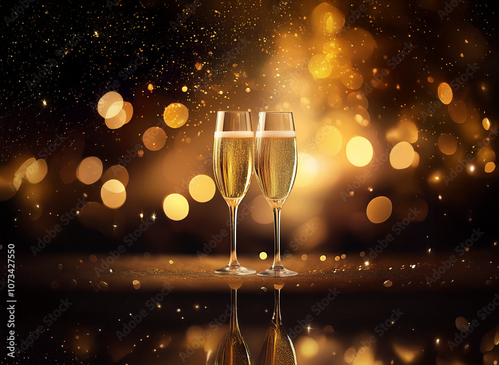 Poster Two champagne flutes filled with sparkling wine sit on a table in front of a bokeh background.
