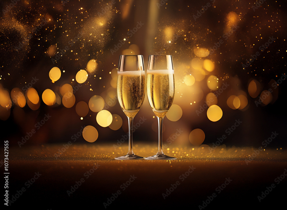 Poster Two champagne flutes filled with sparkling wine stand on a glittering surface against a backdrop of bokeh lights.