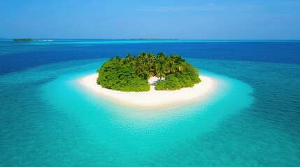A picturesque tropical island surrounded by clear turquoise waters, featuring lush greenery and a sandy beach.