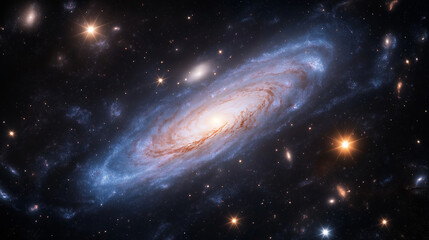 Fototapeta premium A mesmerizing image of a distant spiral galaxy, with clearly defined spiral arms and clusters of bright stars, sharp focus on the galactic details and star formations