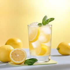 Fototapeta premium Glass of lemonade with ice, diffused light, refreshing and vibrant look
