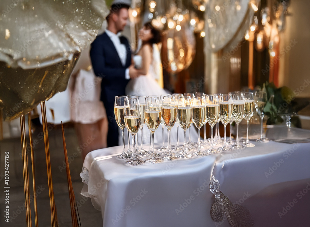 Poster A table with champagne flutes filled with sparkling wine sits in the foreground of a wedding reception with a couple dancing in the background.