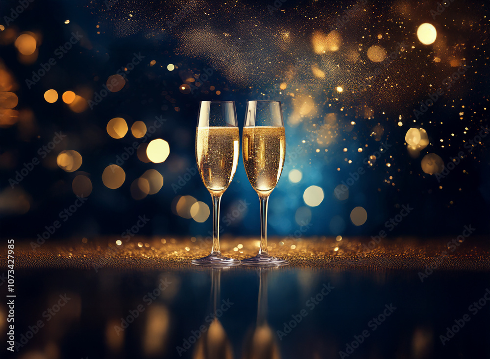 Poster two champagne flutes filled with sparkling wine against a dark blue background with golden bokeh.
