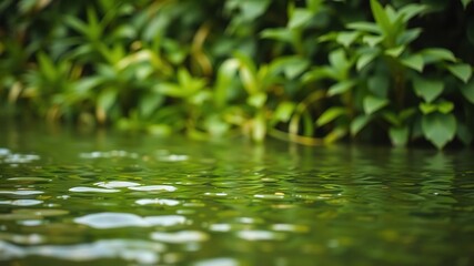 Blurry background of lush green plants and rippling water surface, river, blurred
