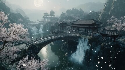 Fototapeta premium Winter's Ethereal Embrace: A Surreal Ancient Chinese Realm
