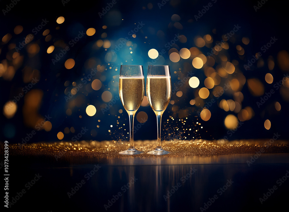 Poster two champagne flutes filled with sparkling wine rest on a glittery surface with a blurred blue and g