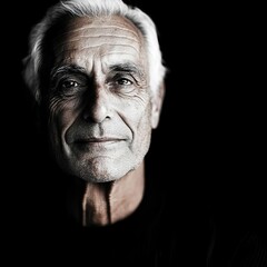 Obraz premium High-contrast portrait of elderly man, diffused studio lighting, deep wrinkles, expressive face