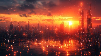 Obraz premium Futuristic graphene battery-powered smart city grid at sunset.
