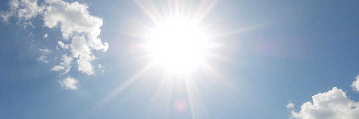 Obraz premium Bright vector sun with a radiant lens flare shining in the sky, star, illustration, summer