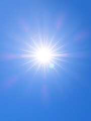 Fototapeta premium Bright vector sun with a vibrant lens flare on a clear blue sky background, flare, summer, backdrop