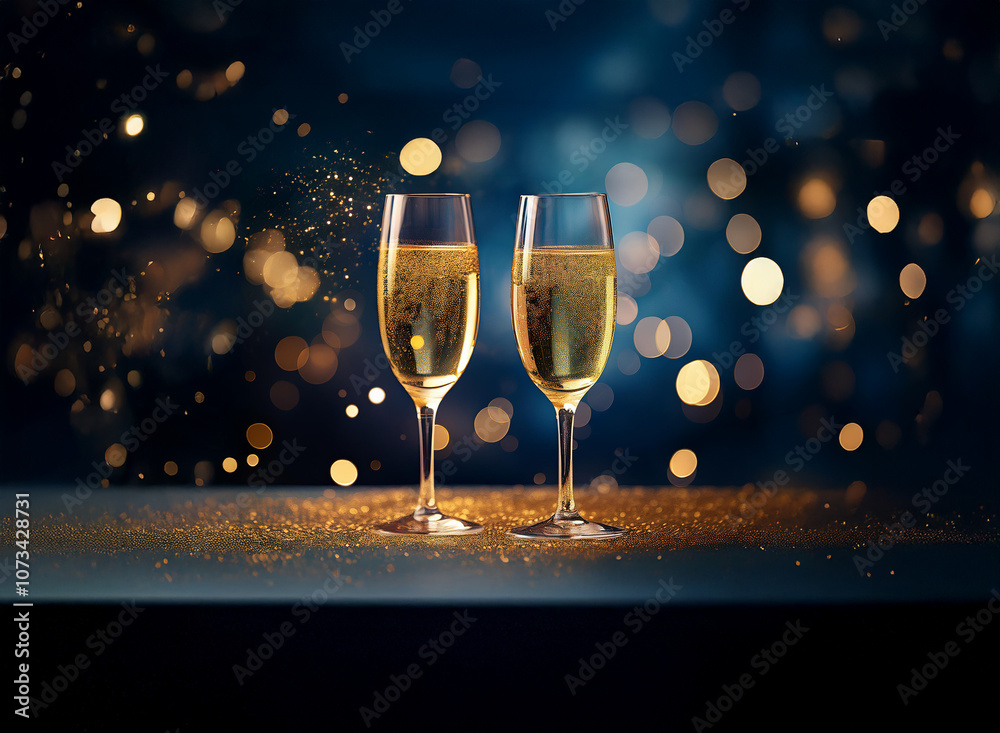Poster two champagne flutes filled with bubbly stand on a dark surface scattered with gold glitter against 