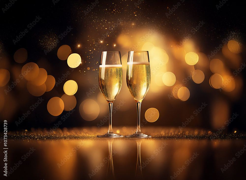 Poster two champagne flutes filled with bubbly stand on a dark, sparkling surface with golden bokeh lights 