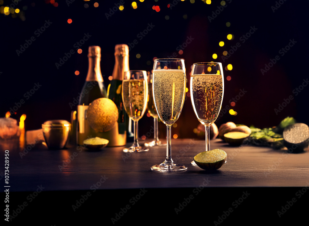 Poster a celebratory scene with three champagne flutes filled with bubbly and two bottles of champagne. the