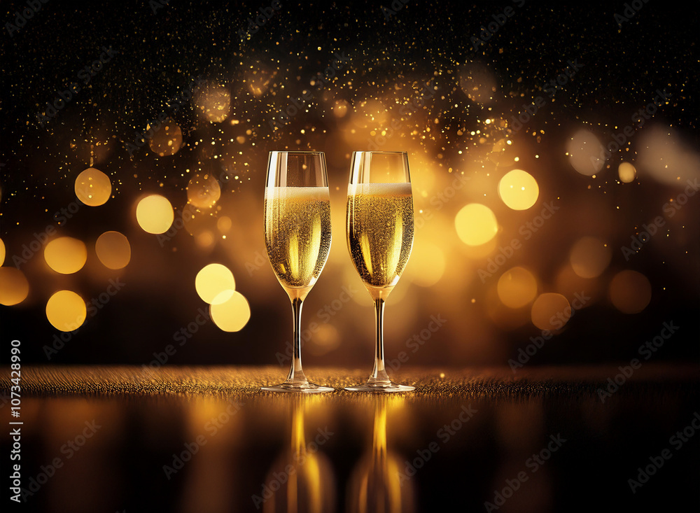 Poster Two champagne flutes filled with sparkling wine sit on a reflective surface with an out-of-focus background of twinkling lights.
