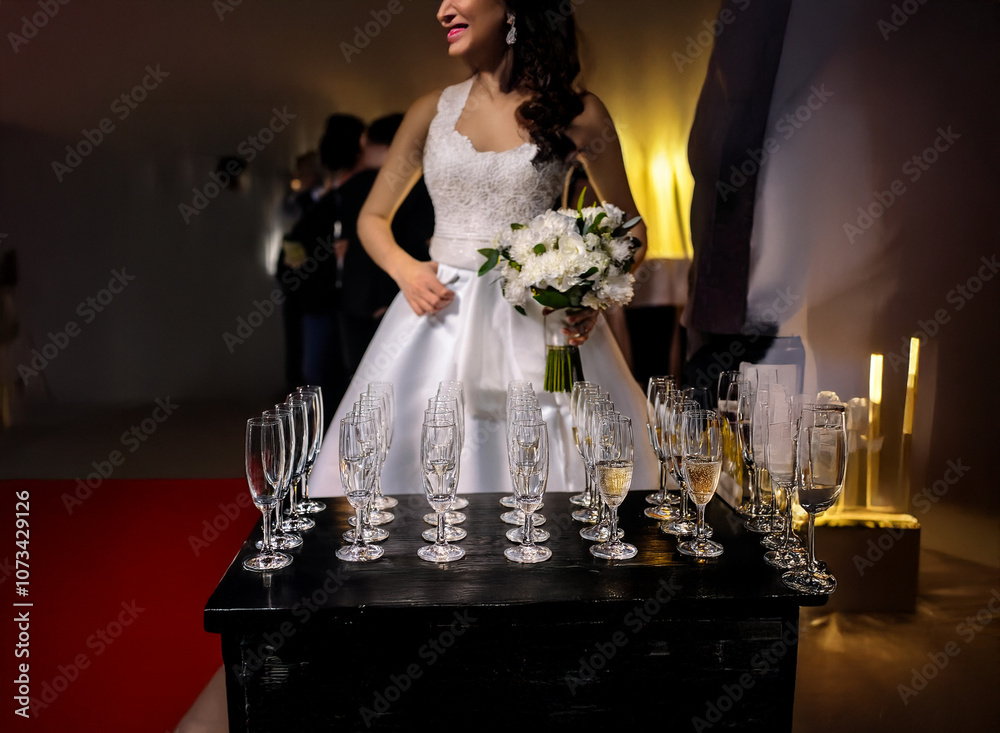 Poster a bride in a white gown smiles and holds a bouquet of white flowers while standing before a table wi