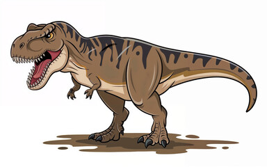 Illustration of a brown tyrannosaurus dinosaur with sharp teeth, standing on a muddy surface. T-Rex concept is ideal for educational materials and children's books