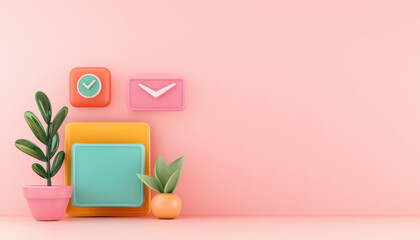 Bright and playful design featuring plants and colorful icons on a soft pink background, creating a modern and inviting aesthetic.
