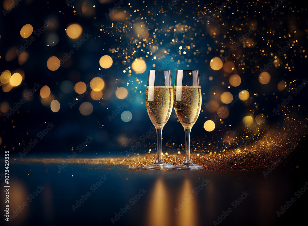 Aufkleber two champagne flutes filled to the brim with bubbly are set on a table, surrounded by golden glitter