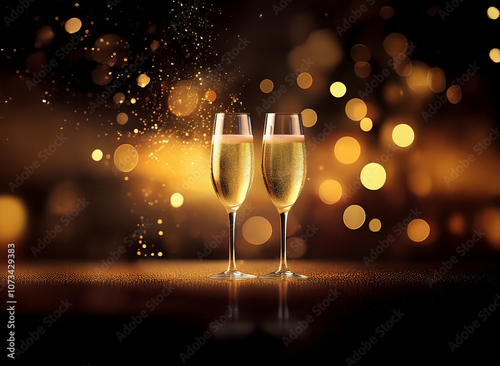 Poster two champagne flutes filled with sparkling wine stand side by side on a dark surface illuminated by 