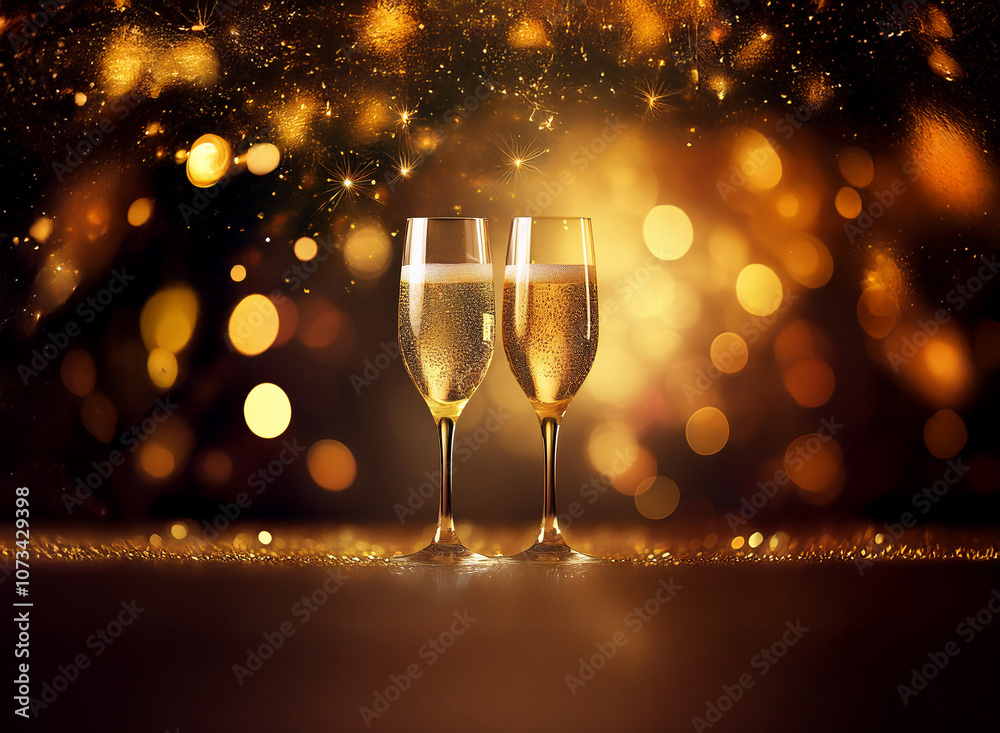 Poster two champagne flutes filled with bubbly stand on a shimmering surface against a backdrop of warm, go