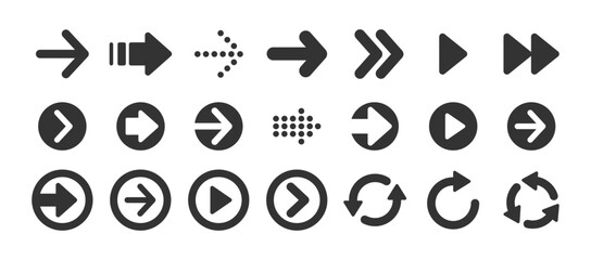 Set of black arrow icons. Various packaging symbols. Motion pointers. Site and player control buttons. Flat style logos. Information pointers. Wayfinding directions. Modern simple vector arrows.