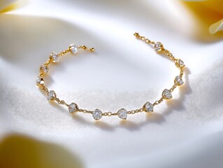 A delicate gold anklet with diamond details, neatly laid on a white background
