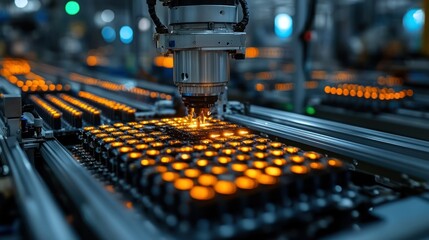 Graphene battery cells being assembled by an automated system in a factory.