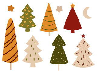 Boho Christmas tree clipart set. Merry Christmas clipart. Christmas festive object. Hand draw vector illustration in flat style	
