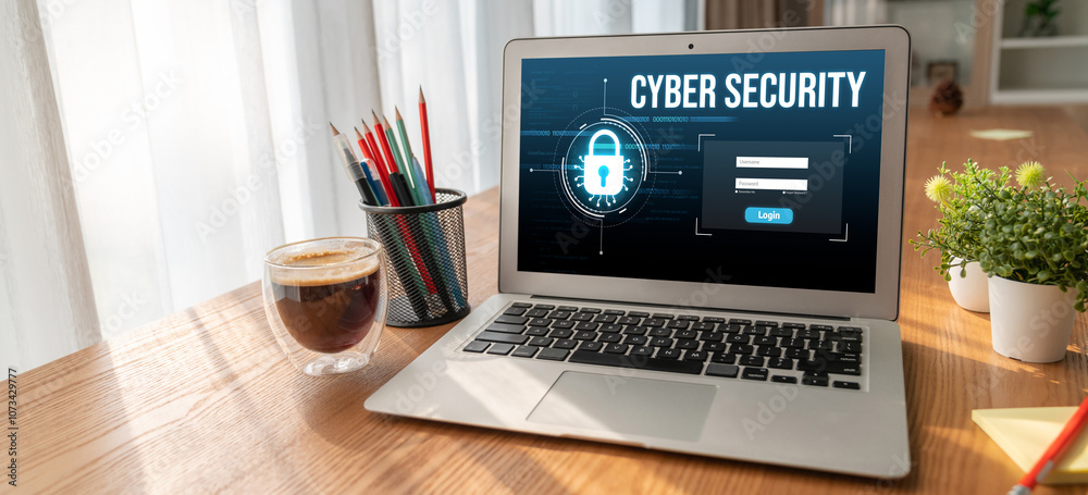 Poster cyber security system on computer screen protect private information snugly from hacker and cyber at