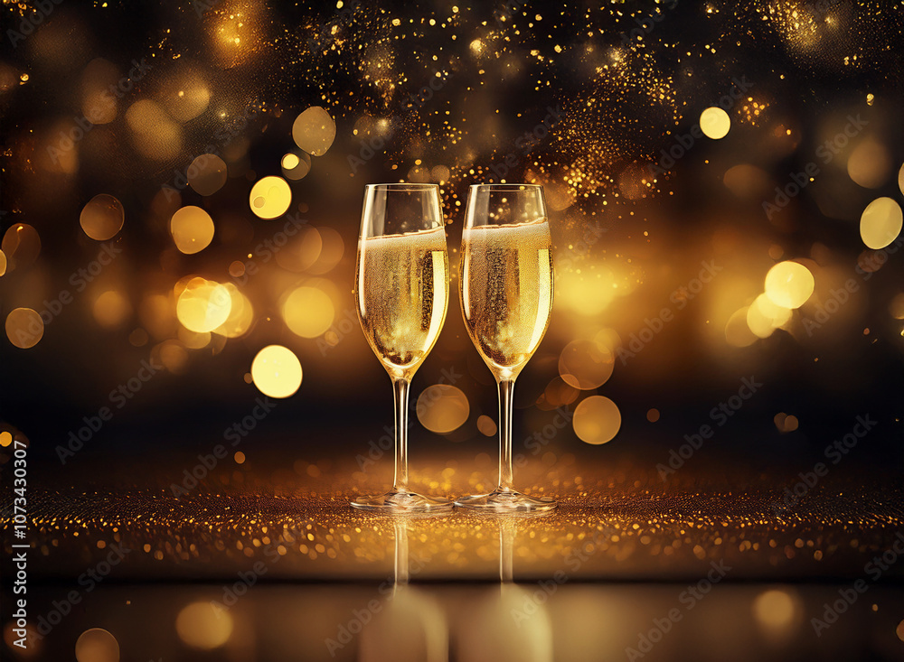 Poster Two champagne flutes filled with sparkling wine sit on a glittering surface with a bokeh background.