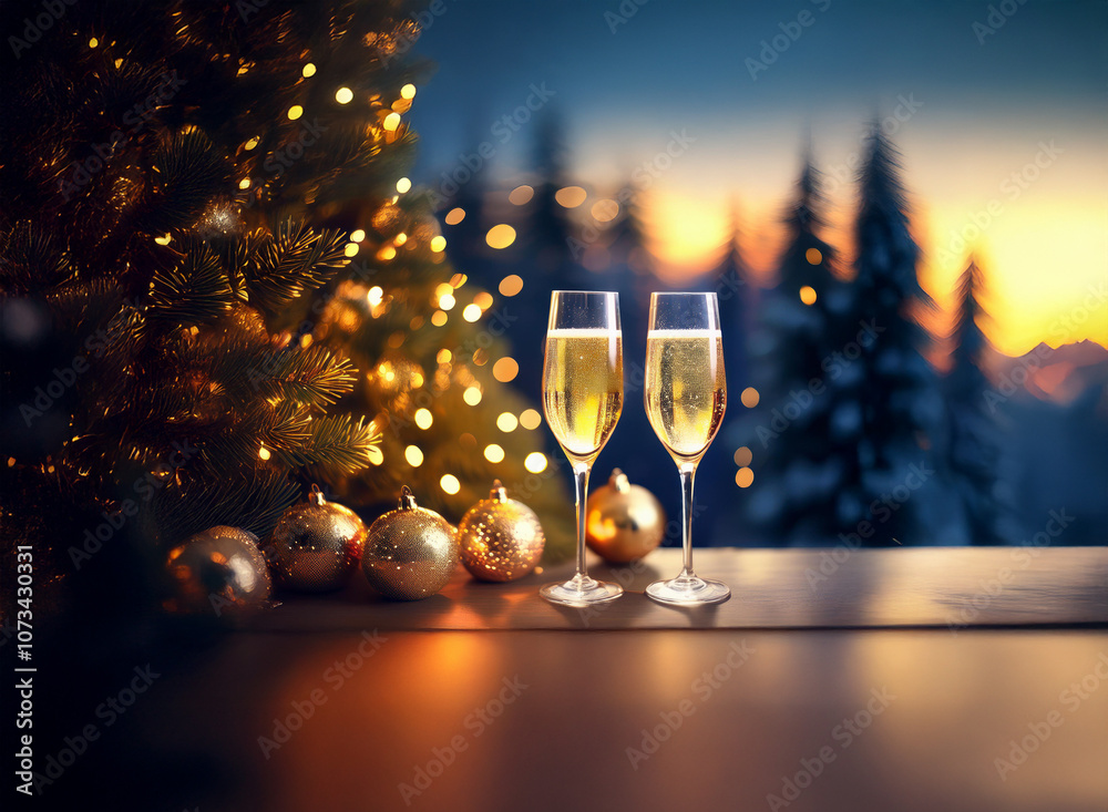 Poster two champagne flutes sit on a table in front of a christmas tree with golden ornaments and a wintery