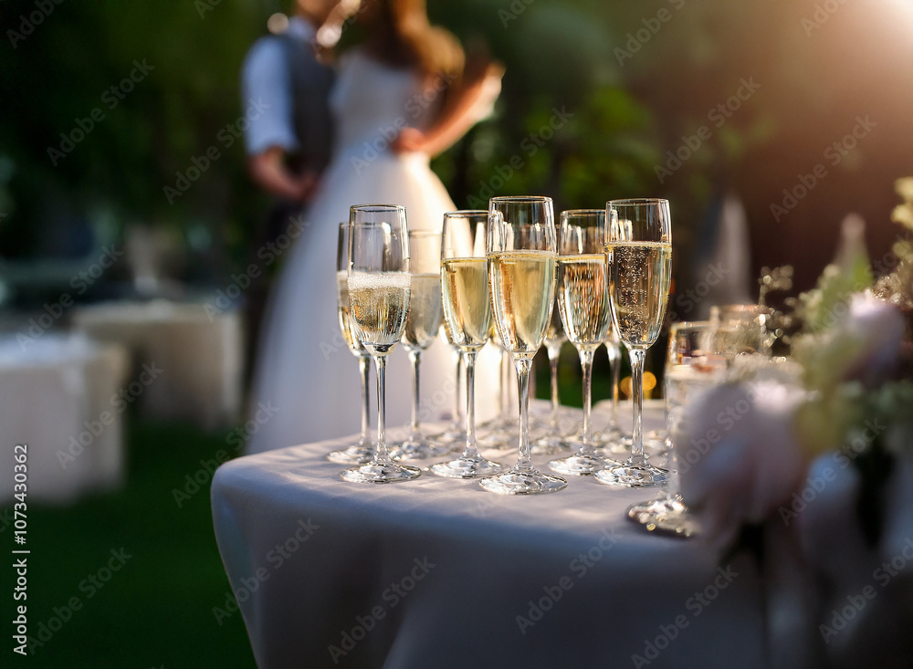 Poster A table filled with champagne flutes sits in the foreground with a blurred image of a bride and groom dancing in the background.