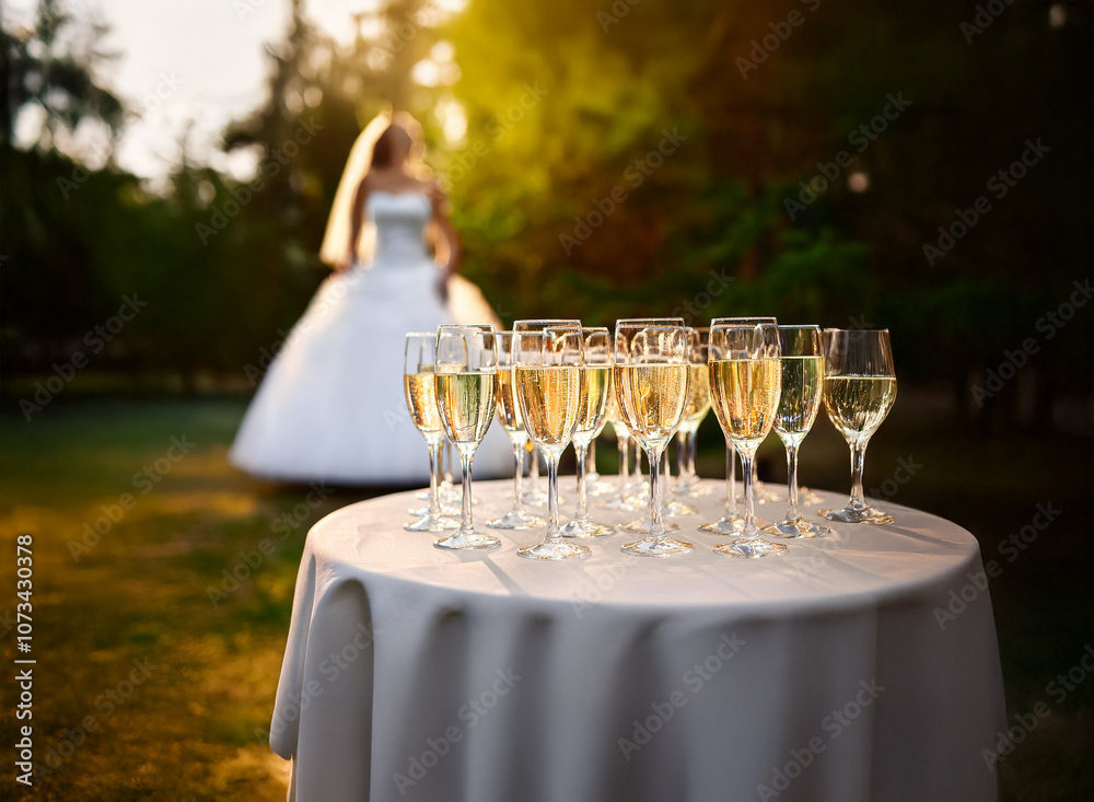 Poster A table with champagne flutes set for a wedding reception in an outdoor setting with the bride in the background.