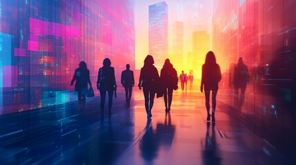 A group of people walking down a city street at sunset
