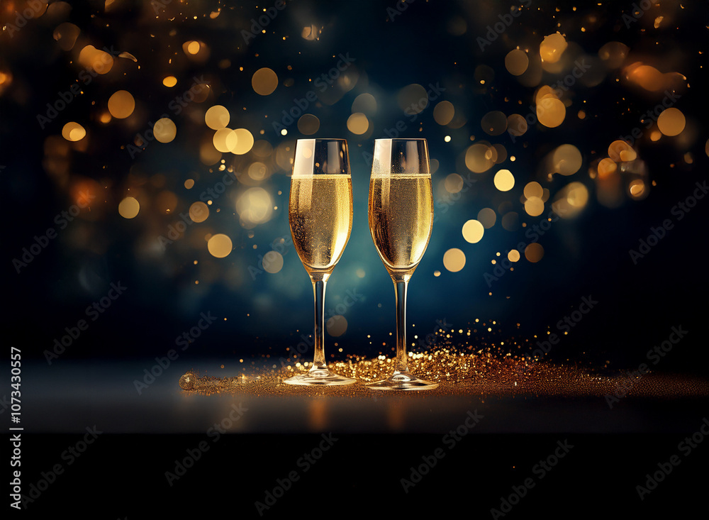 Poster two champagne flutes filled with bubbly stand on a dark table with gold glitter scattered around the