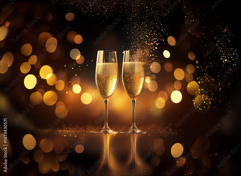 Poster two champagne flutes clink together, sparkling with golden bubbles against a backdrop of warm, blurr