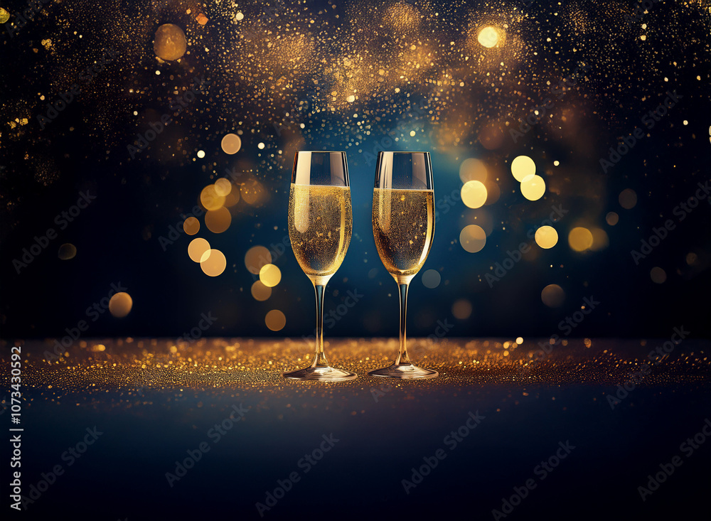 Poster Two champagne flutes filled with sparkling wine stand on a table against a dark background with golden bokeh lights.