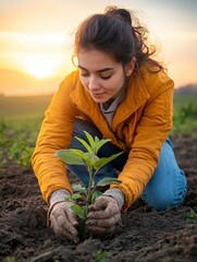 Young woman planting a seedling in a field at sunset, symbolizing growth and hope, AI