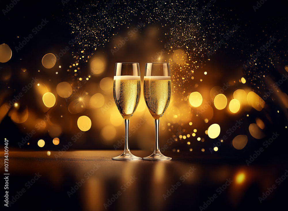 Poster two champagne flutes filled with bubbly against a backdrop of soft, golden bokeh lights.