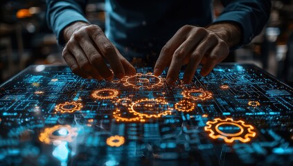 A businessman is connecting gears on a digital table using hologram technology and icons representing a data center, software development process, or project management concept. 