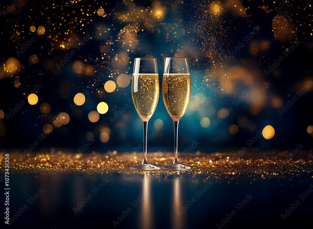Aufkleber two champagne flutes filled with bubbly sit on a table covered in gold glitter against a dark blue b