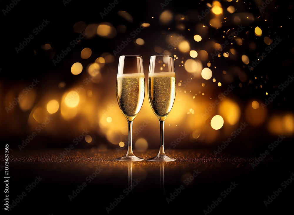 Aufkleber two champagne flutes filled with sparkling golden liquid stand against a bokeh background of warm, o