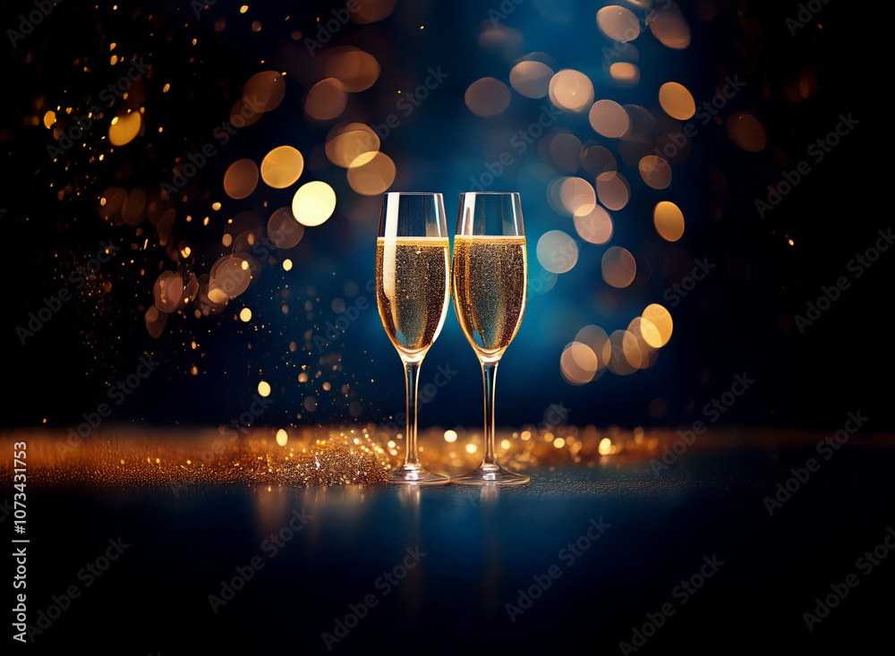 Poster two champagne flutes filled with sparkling wine sit on a table with golden confetti and blurred ligh