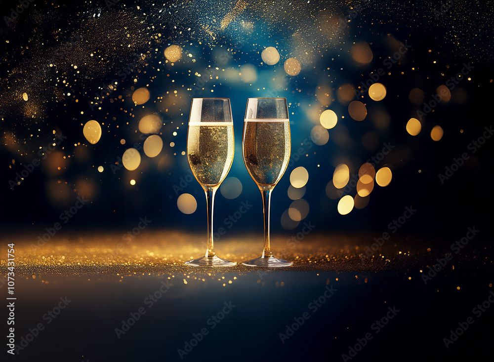 Poster Two champagne flutes filled with sparkling wine stand on a table covered in gold glitter against a dark blue background with out-of-focus golden lights.